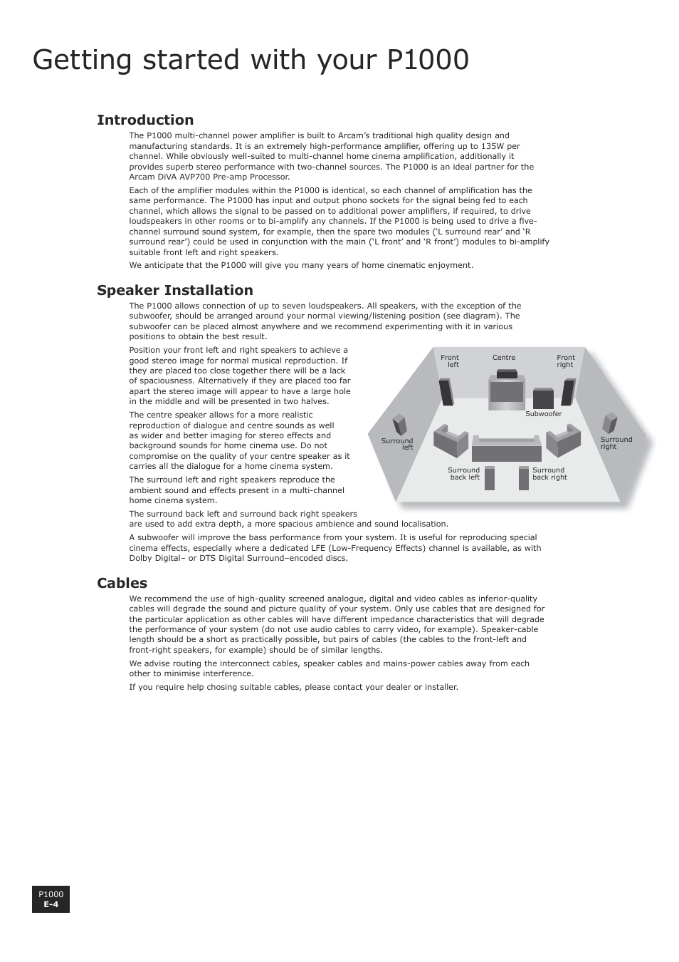 Getting started with your p1000, Introduction, Speaker installation | Cables, E-4 speaker installation, E-4 cables | Arcam P1000 User Manual | Page 4 / 12