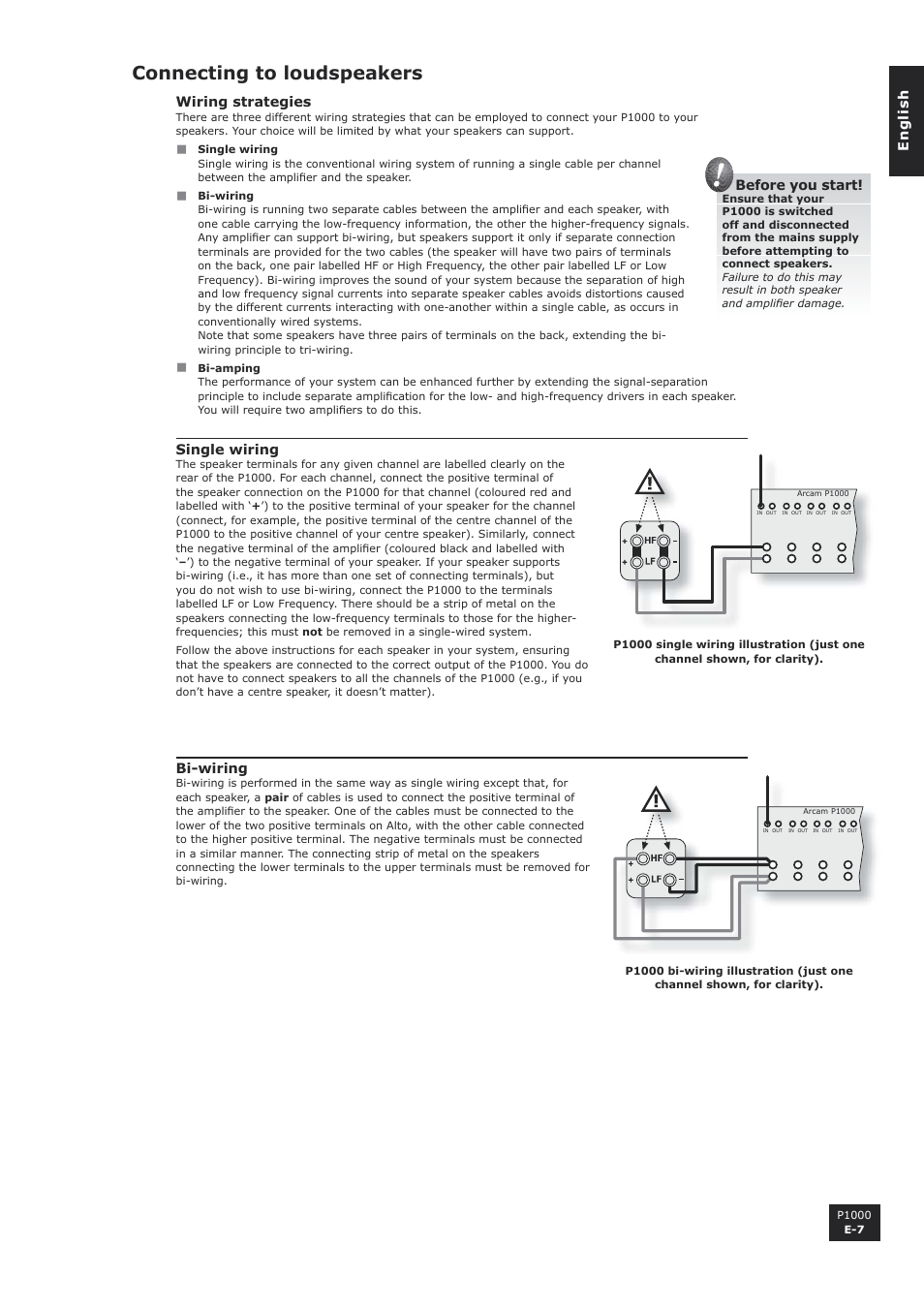 Connecting to loudspeakers | Arcam P1000 User Manual | Page 7 / 12