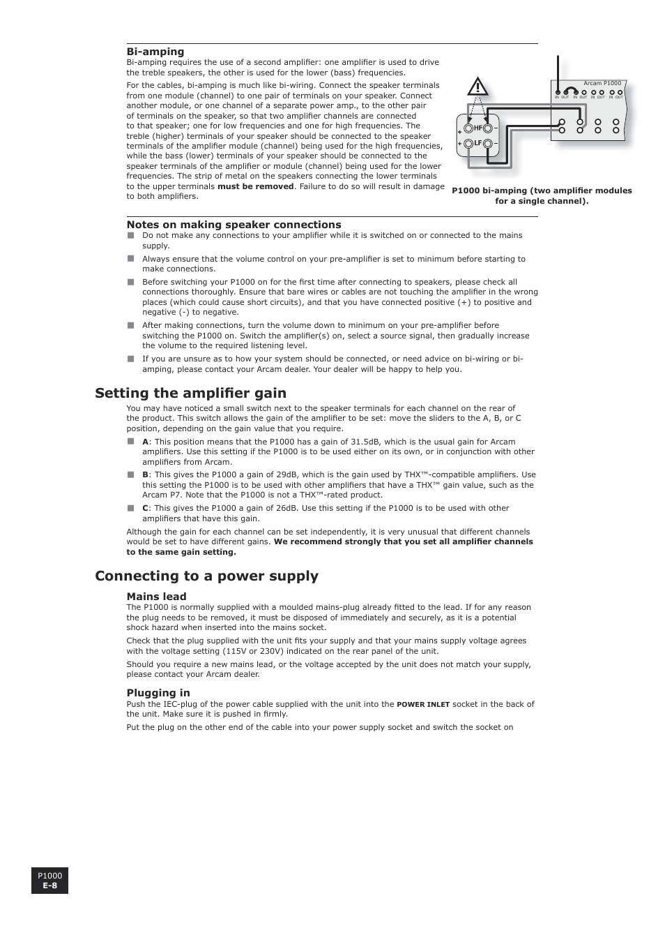 Setting the amplifier gain, Connecting to a power supply, E-8 connecting to a power supply | Setting the amplifi er gain | Arcam P1000 User Manual | Page 8 / 12