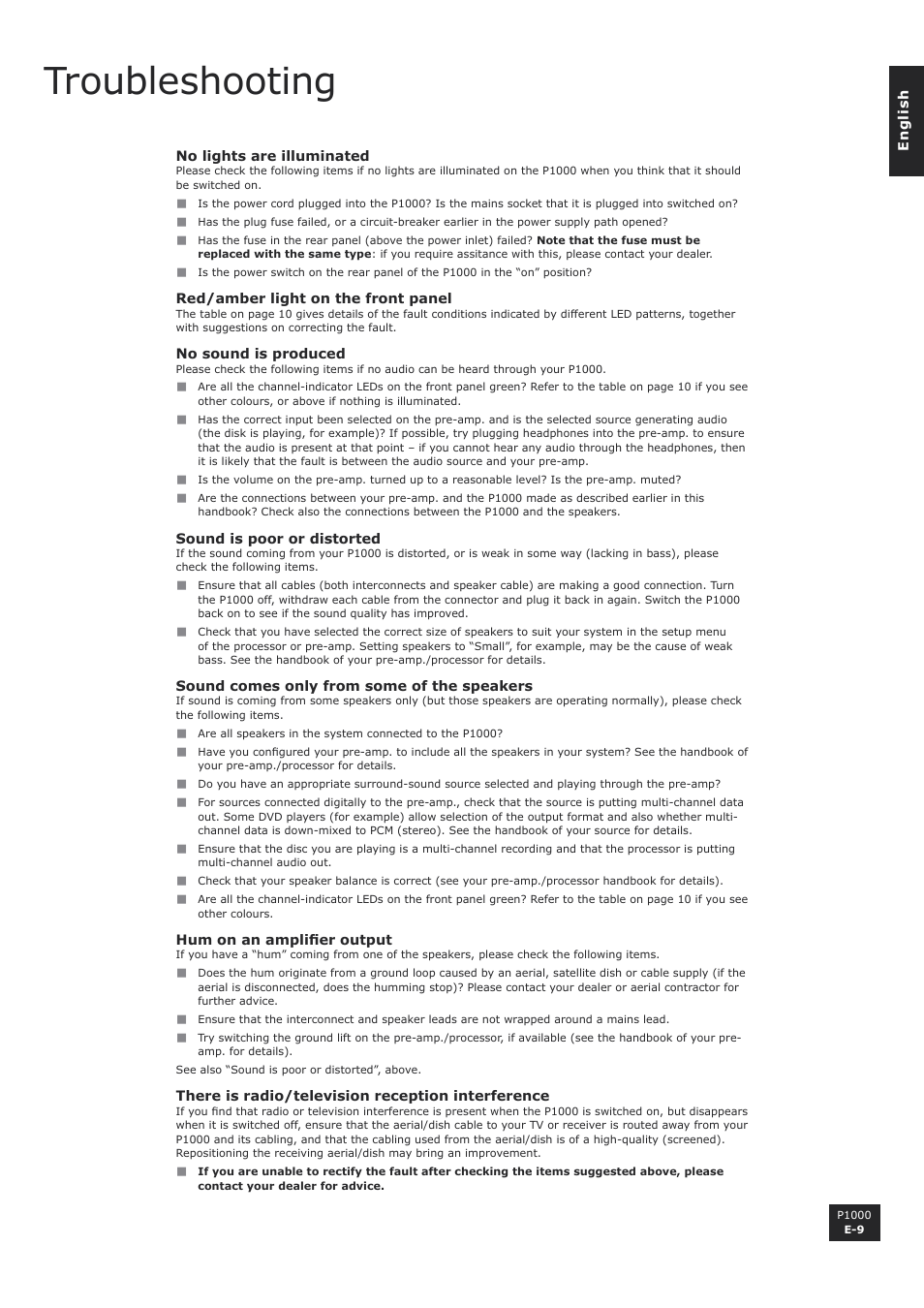 Troubleshooting | Arcam P1000 User Manual | Page 9 / 12