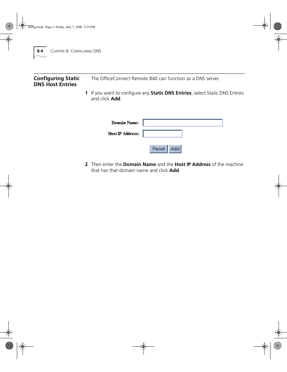 Configuring static dns host entries | 3Com 3C840 User Manual | Page 100 / 222