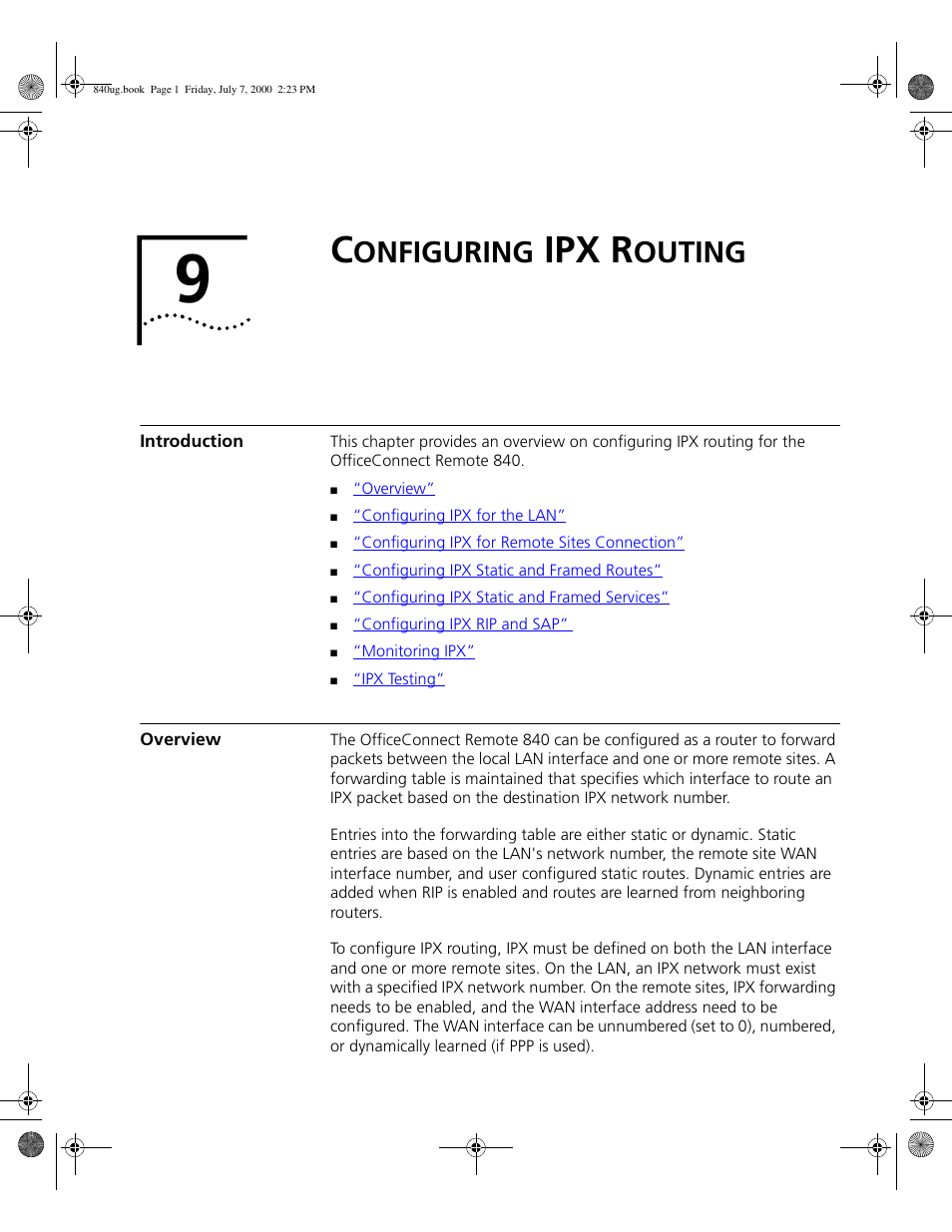 Configuring ipx routing, Introduction, Overview | Onfiguring, Ipx r, Outing | 3Com 3C840 User Manual | Page 101 / 222
