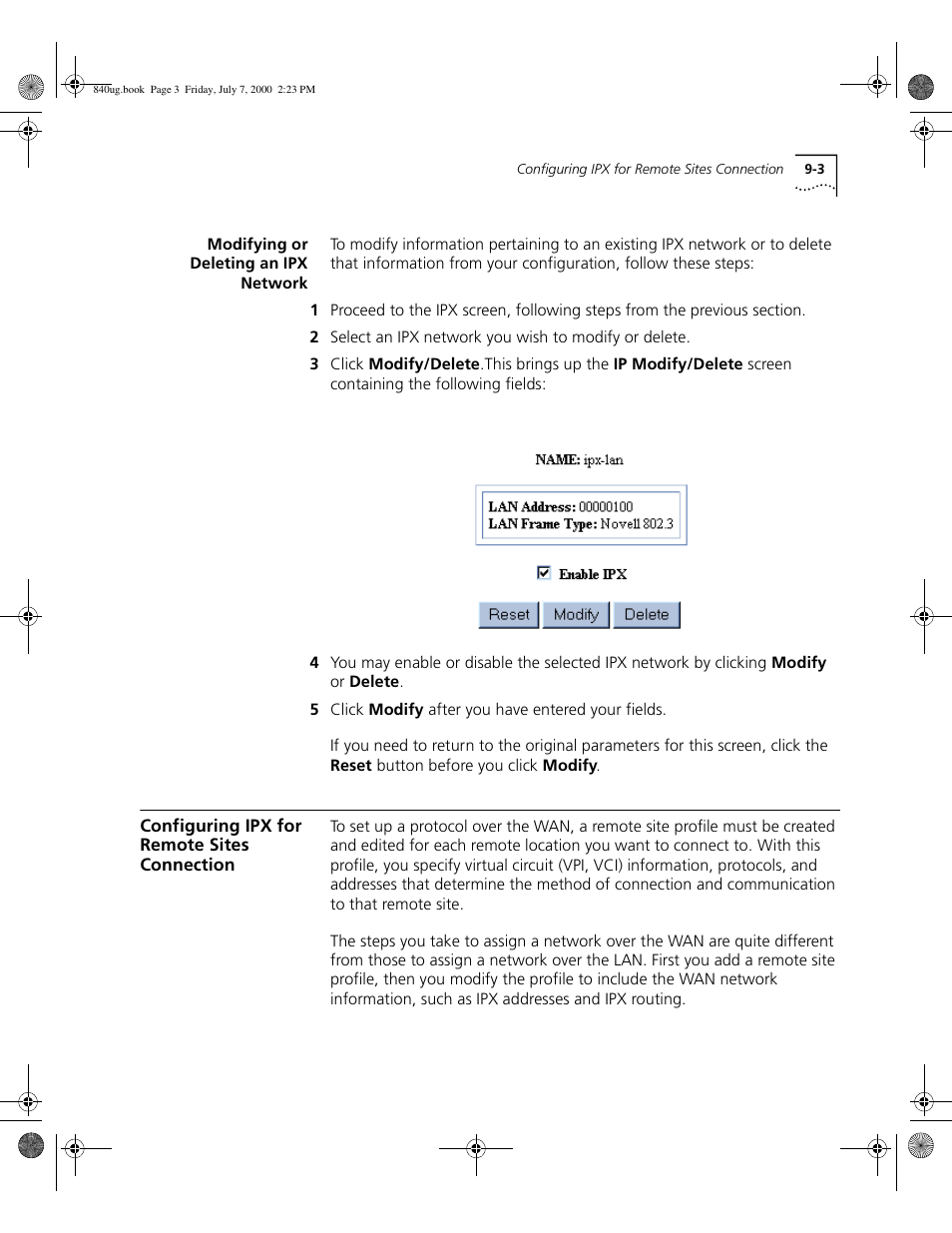 Modifying or deleting an ipx network, Configuring ipx for remote sites connection, Configuring | Ipx for remote sites connection | 3Com 3C840 User Manual | Page 103 / 222