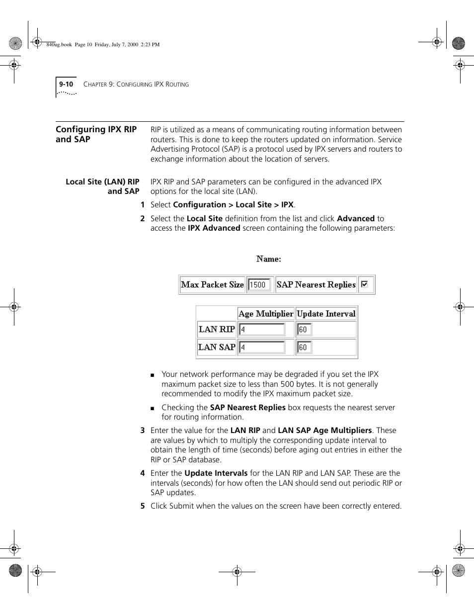 Configuring ipx rip and sap, Local site (lan) rip and sap, Configuring ipx | Rip and sap | 3Com 3C840 User Manual | Page 110 / 222