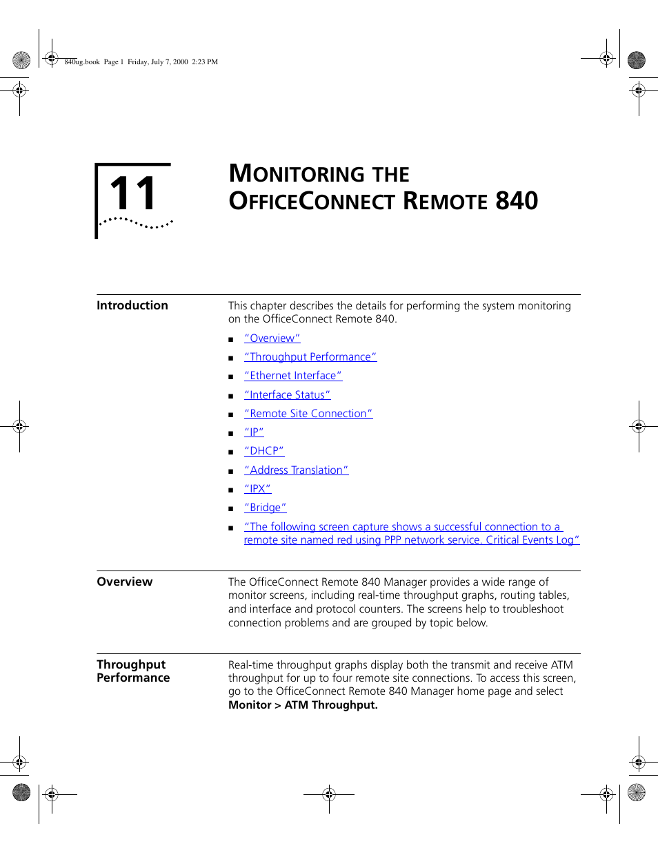 Monitoring the officeconnect remote 840, Introduction, Overview | Throughput performance, Onitoring, Ffice, Onnect, Emote, Monitoring the, Officeconnect remote 840 | 3Com 3C840 User Manual | Page 119 / 222