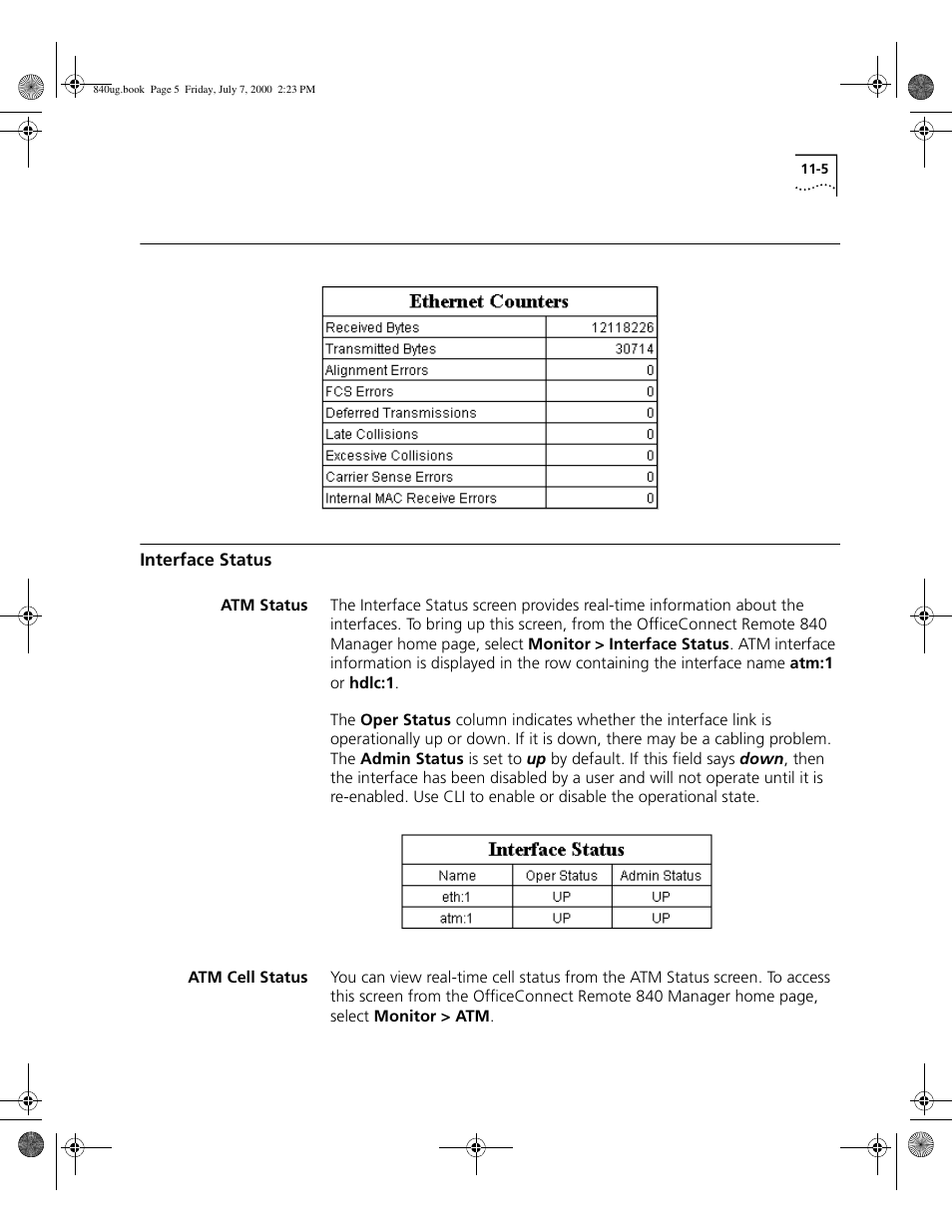 Interface status, Atm status, Atm cell status | 3Com 3C840 User Manual | Page 123 / 222