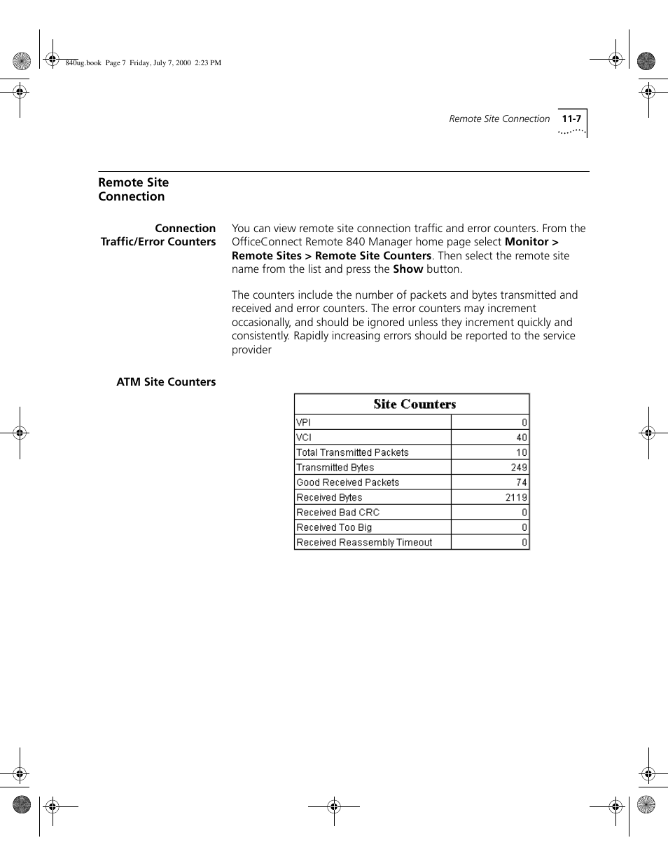 Remote site connection, Connection traffic/error counters, Atm site counters | 3Com 3C840 User Manual | Page 125 / 222