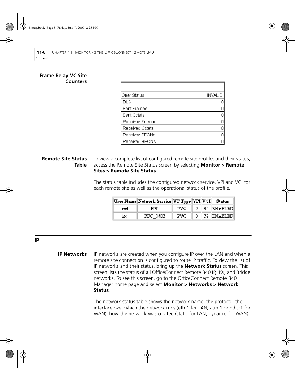 Frame relay vc site counters, Remote site status table, Ip networks | Ip 11 | 3Com 3C840 User Manual | Page 126 / 222