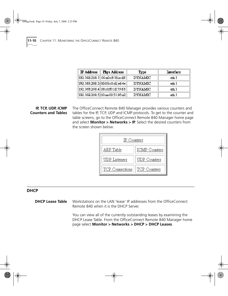 Ip, tcp, udp, icmp counters and tables, Dhcp, Dhcp lease table | 3Com 3C840 User Manual | Page 128 / 222
