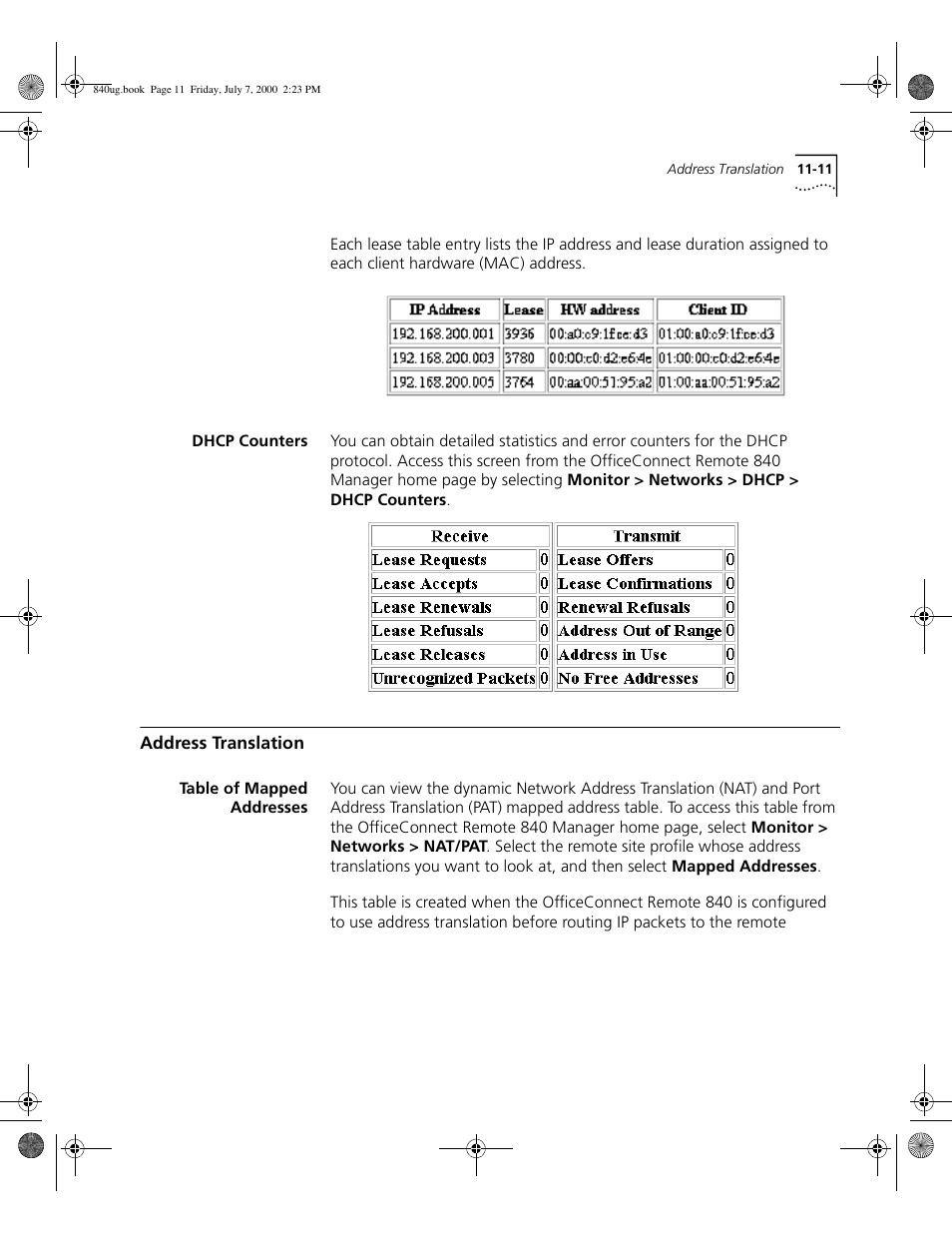 Dhcp counters, Address translation, Table of mapped addresses | 3Com 3C840 User Manual | Page 129 / 222