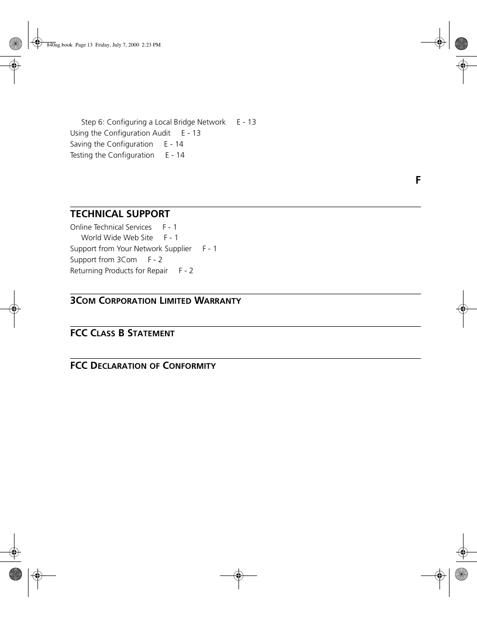 Technical support, Fcc c, Fcc d | 3Com 3C840 User Manual | Page 13 / 222