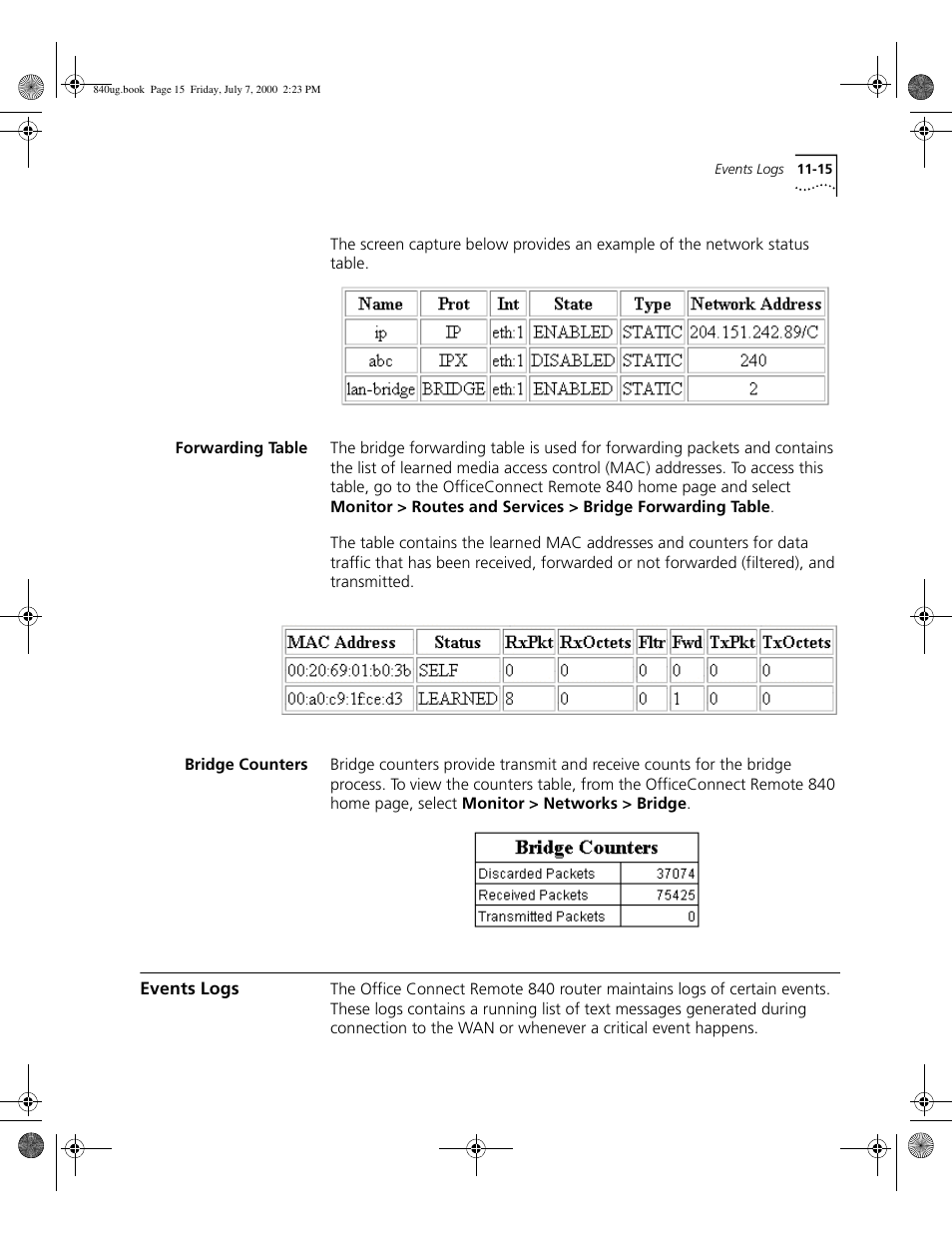Forwarding table, Bridge counters, Events logs | 3Com 3C840 User Manual | Page 133 / 222