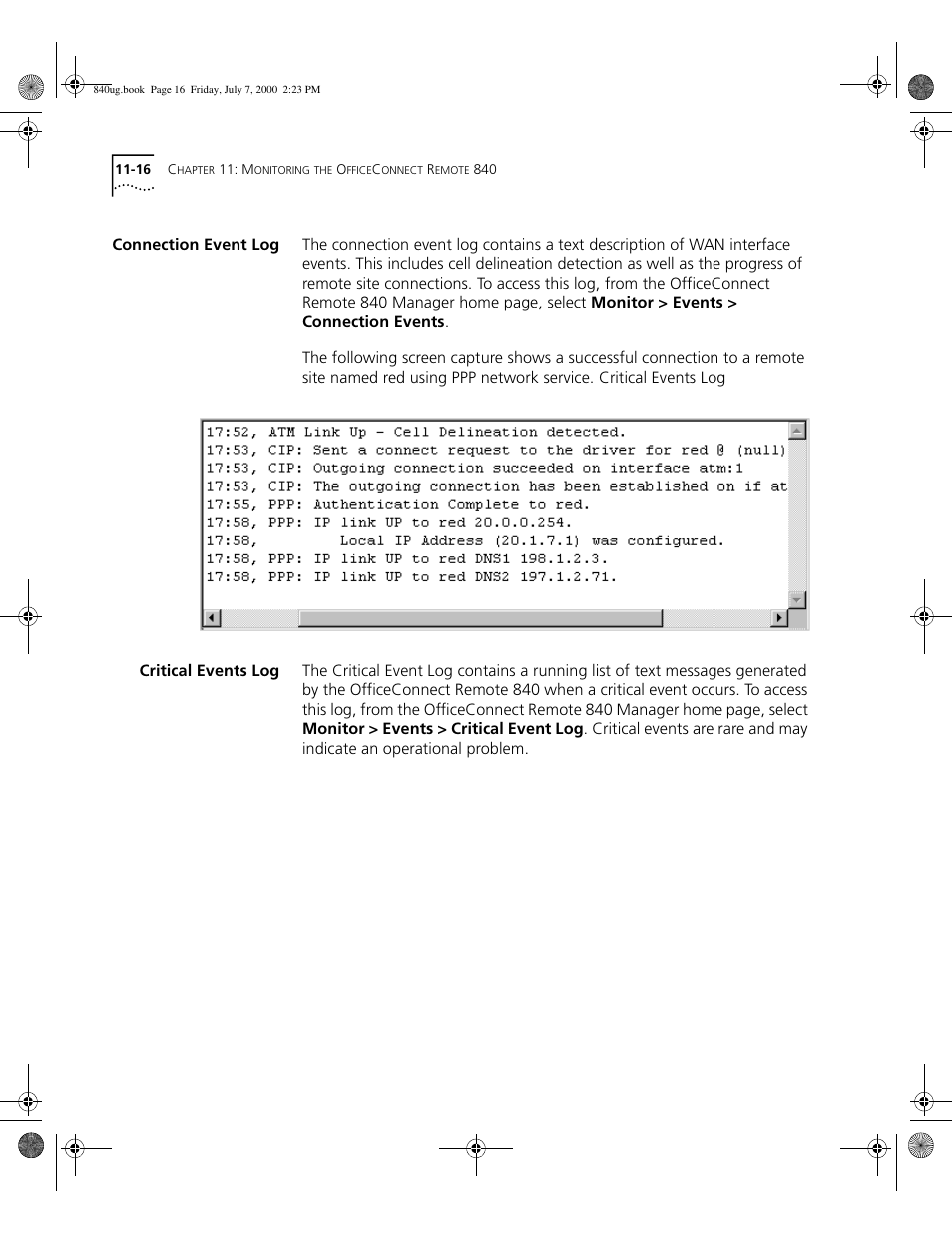 Connection event log, Critical events log | 3Com 3C840 User Manual | Page 134 / 222