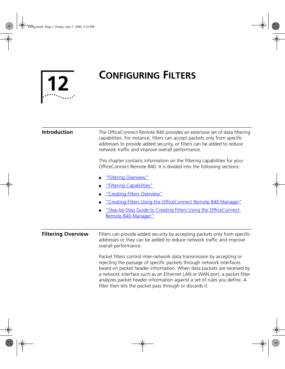 Configuring filters, Introduction, Filtering overview | Onfiguring, Ilters | 3Com 3C840 User Manual | Page 135 / 222