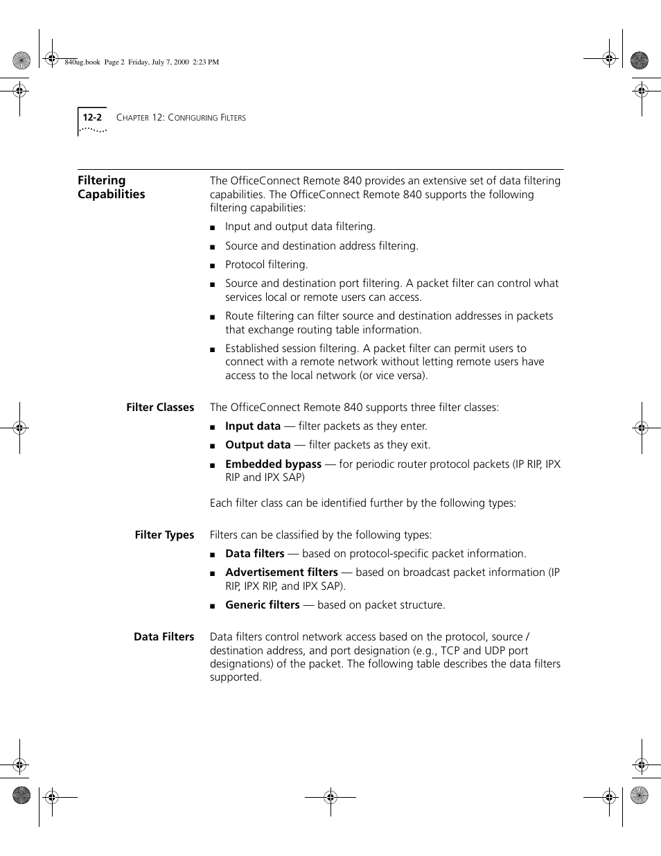 Filtering capabilities, Filter classes, Filter types | Data filters | 3Com 3C840 User Manual | Page 136 / 222