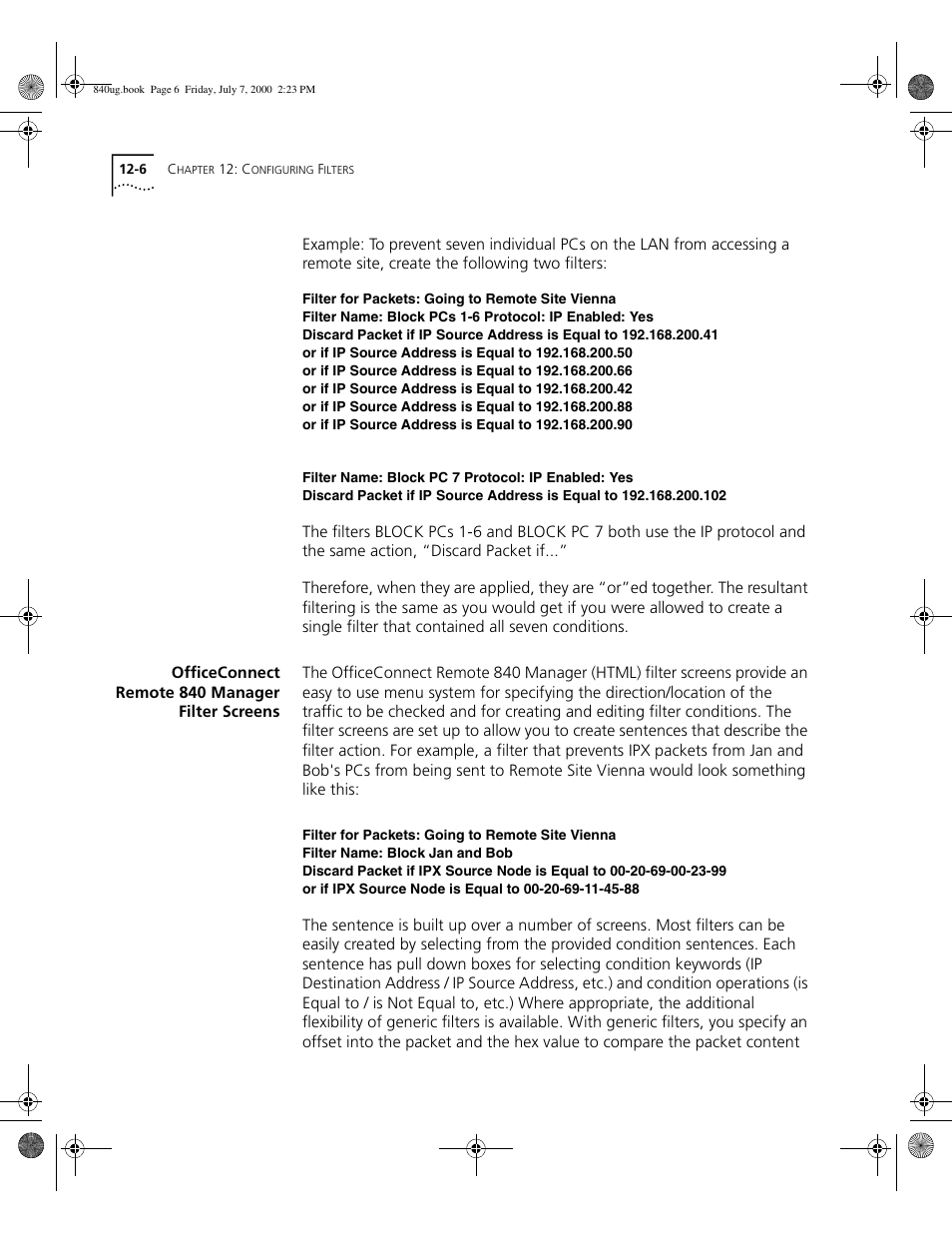 Officeconnect remote 840 manager filter screens | 3Com 3C840 User Manual | Page 140 / 222