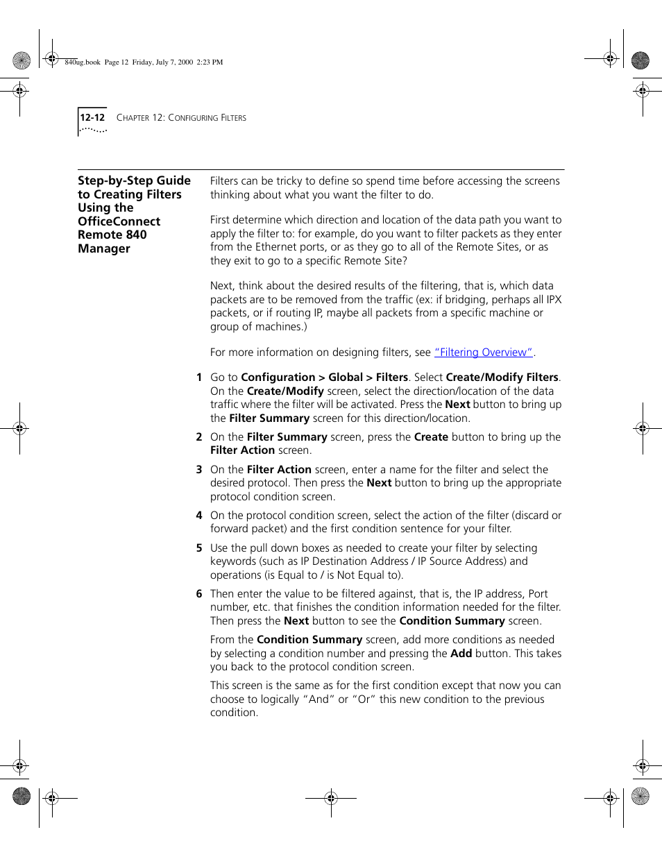 Step-by-step guide to creating filters using the, Officeconnect remote 840 manager | 3Com 3C840 User Manual | Page 146 / 222