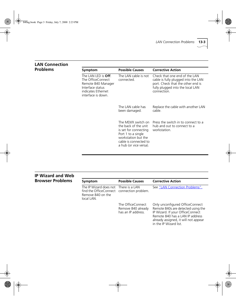 Lan connection problems, Ip wizard and web browser problems | 3Com 3C840 User Manual | Page 151 / 222