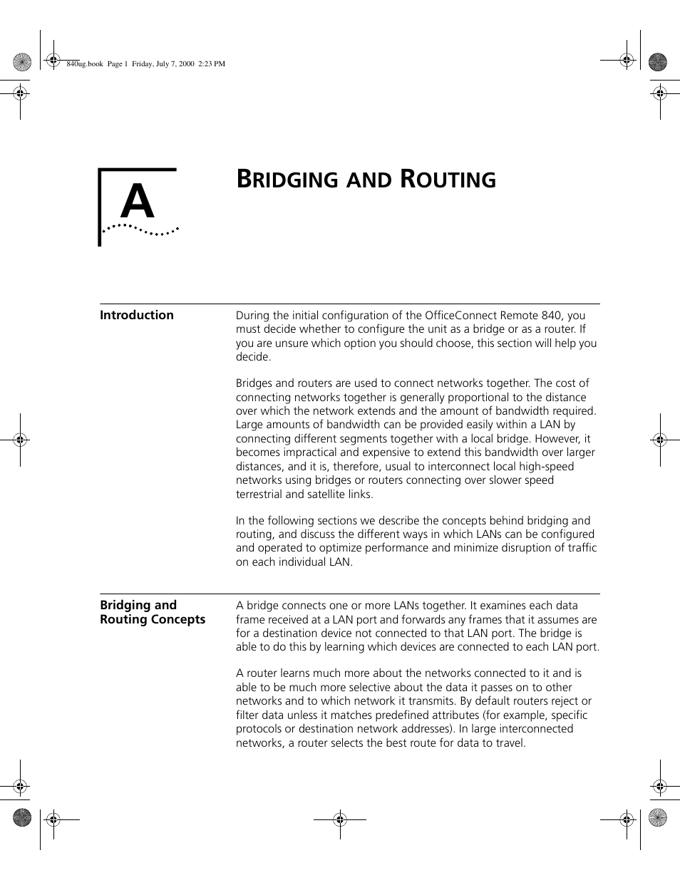 Bridging and routing, Introduction, Bridging and routing concepts | Ridging, Outing, A -1, Bridging and, Routing | 3Com 3C840 User Manual | Page 163 / 222