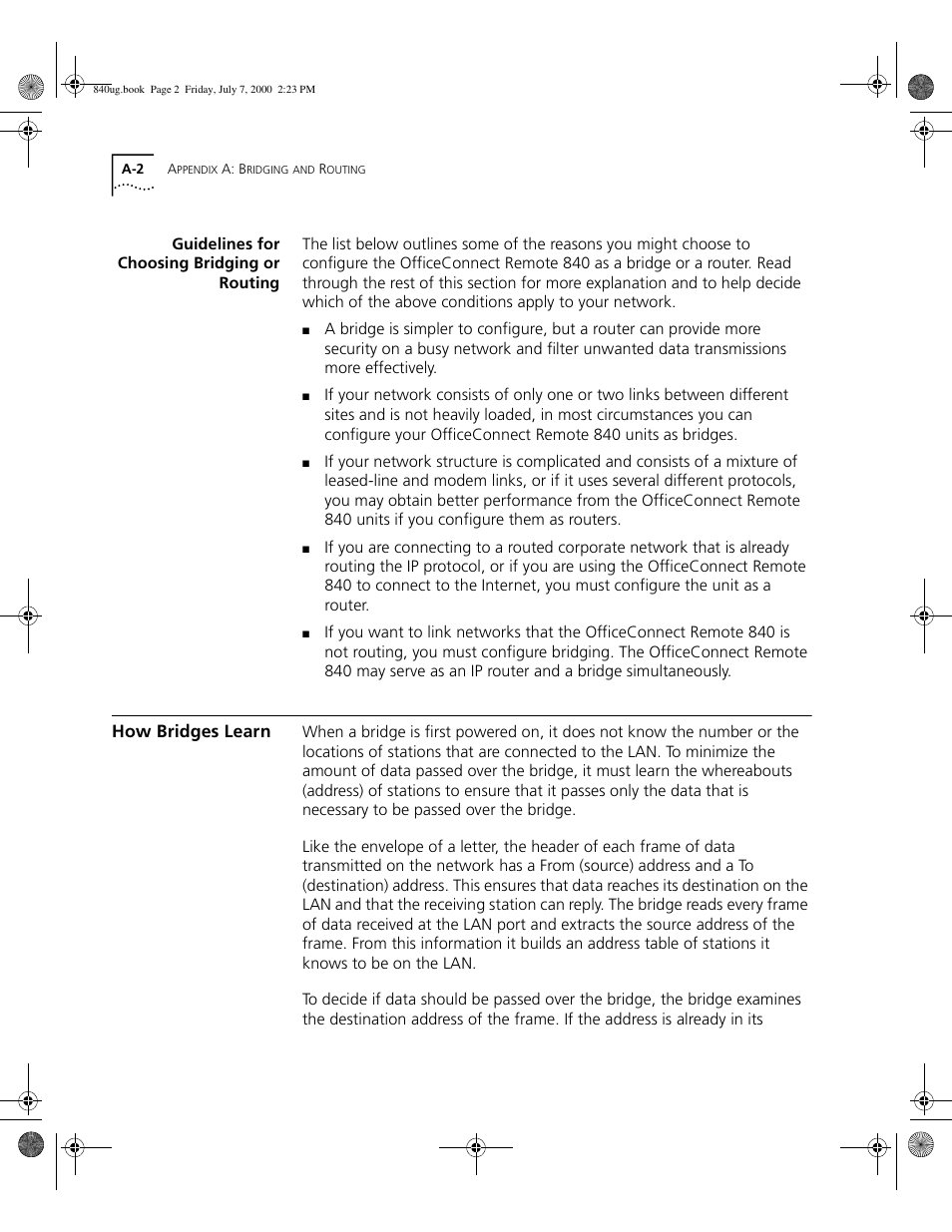 Guidelines for choosing bridging or routing, How bridges learn, A -2 | 3Com 3C840 User Manual | Page 164 / 222