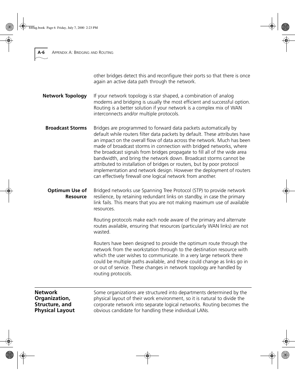 Network topology, Broadcast storms, Optimum use of resource | A -6 | 3Com 3C840 User Manual | Page 168 / 222