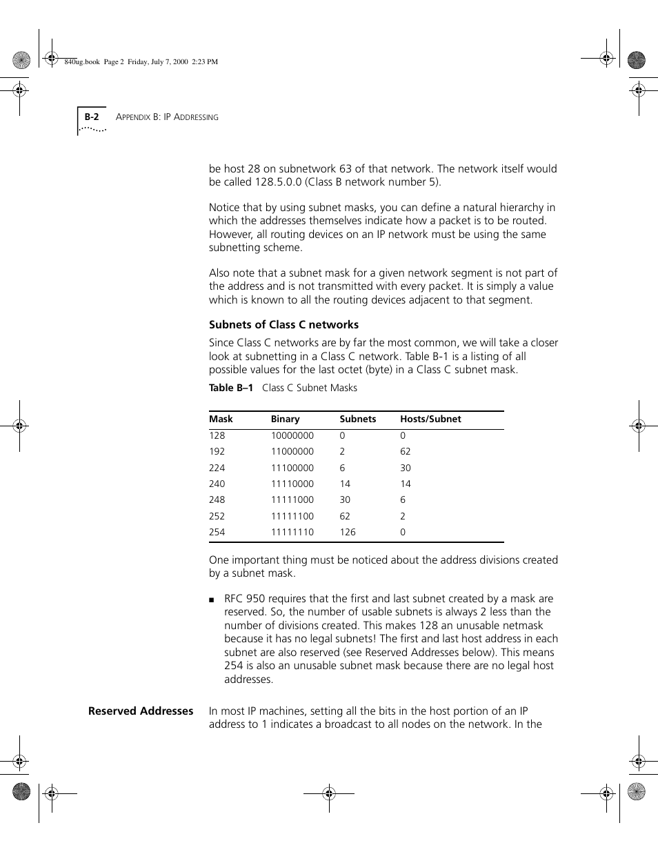 Reserved addresses, B - 2 | 3Com 3C840 User Manual | Page 174 / 222