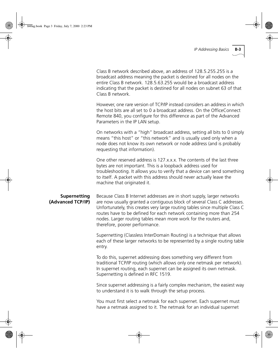 Supernetting (advanced tcp/ip), B - 3 | 3Com 3C840 User Manual | Page 175 / 222