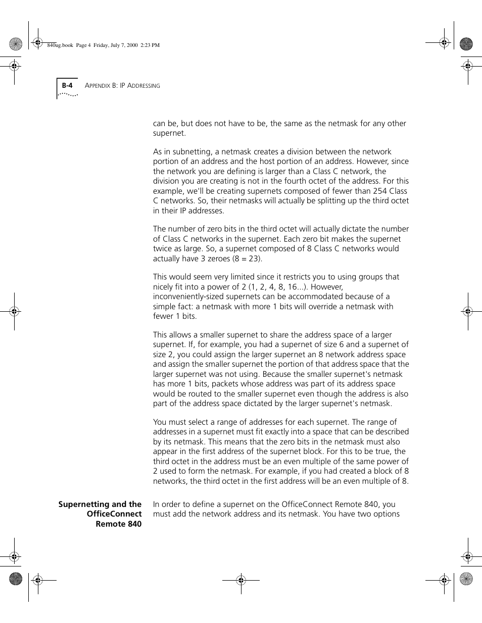 Supernetting and the officeconnect remote 840, B - 4 | 3Com 3C840 User Manual | Page 176 / 222