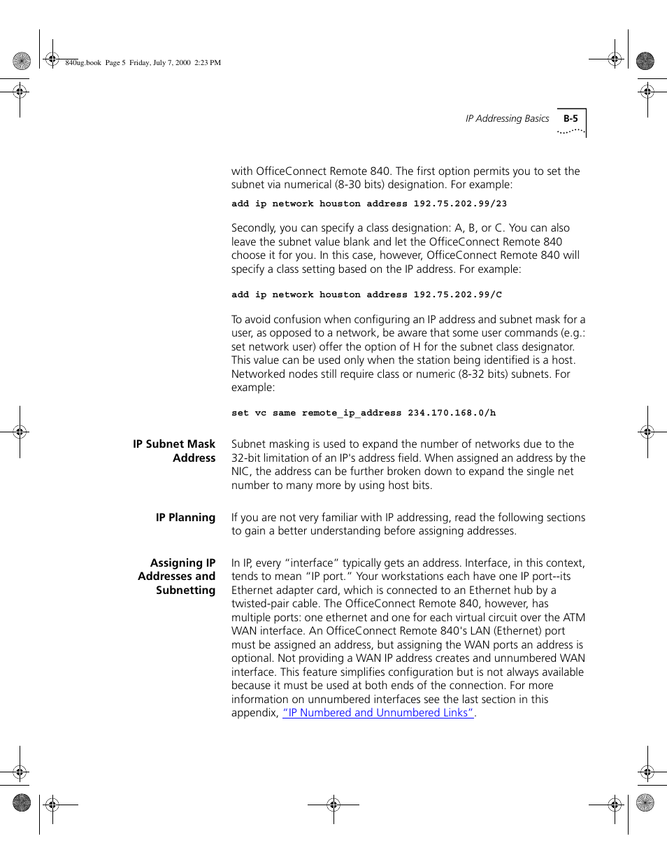 Ip subnet mask address, Ip planning, Assigning ip addresses and subnetting | B - 5 | 3Com 3C840 User Manual | Page 177 / 222