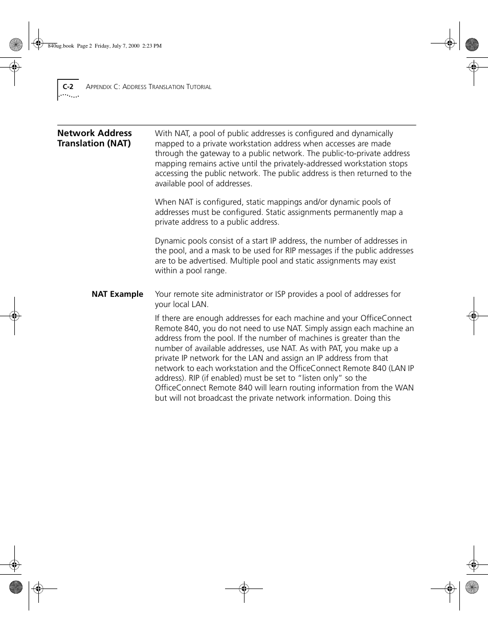 Network address translation (nat), Nat example, C -2 | 3Com 3C840 User Manual | Page 184 / 222