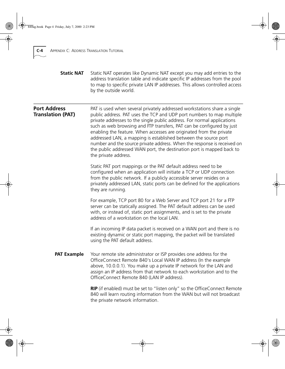 Static nat, Port address translation (pat), Pat example | C -4 | 3Com 3C840 User Manual | Page 186 / 222