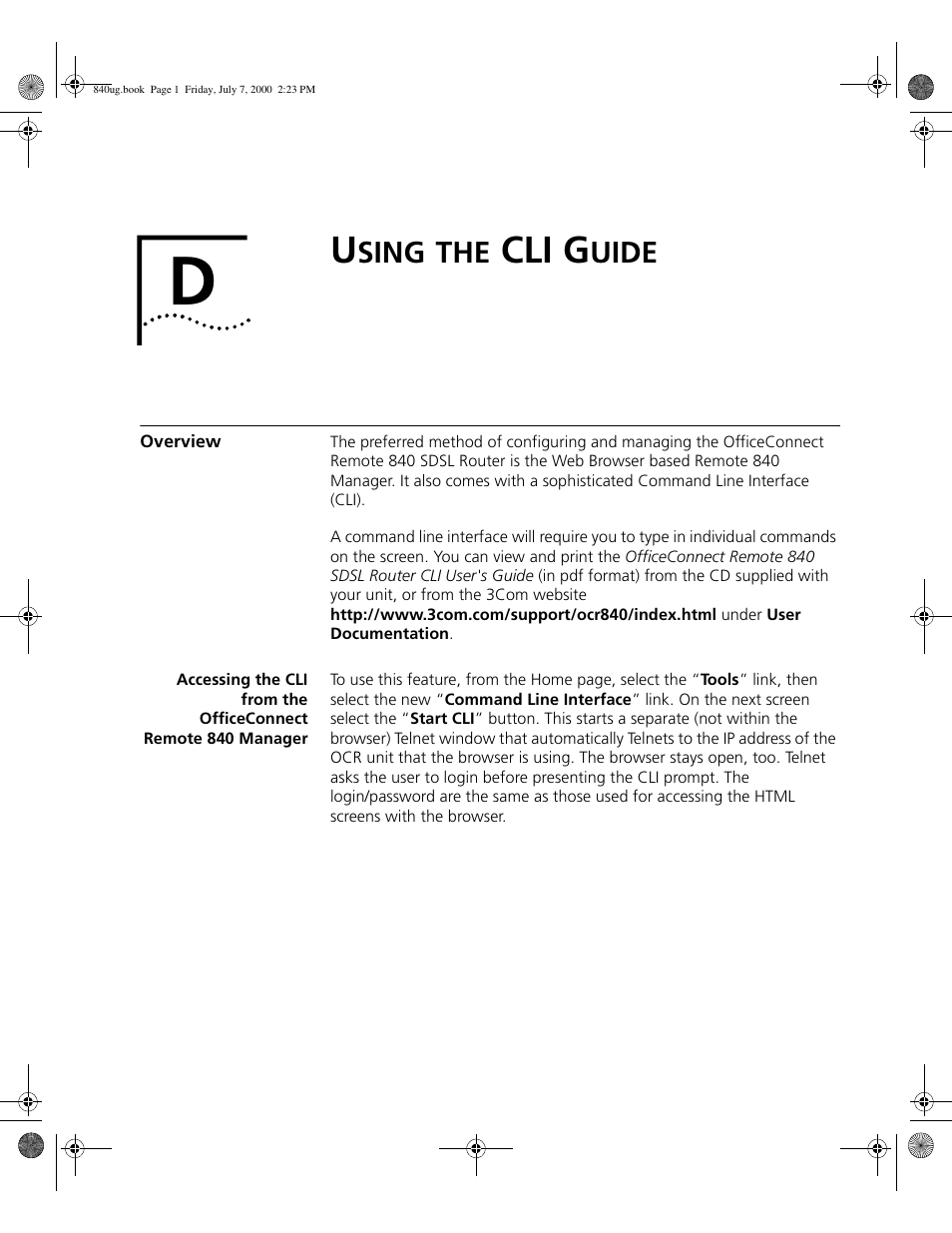 Using the cli guide, Overview, Sing | Cli g, Uide, D -1, See appendix d | 3Com 3C840 User Manual | Page 189 / 222