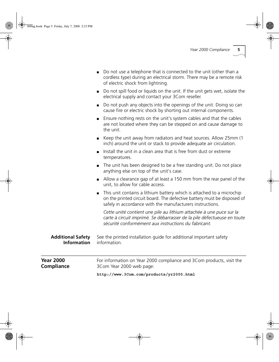 Additional safety information, Year 2000 compliance | 3Com 3C840 User Manual | Page 19 / 222