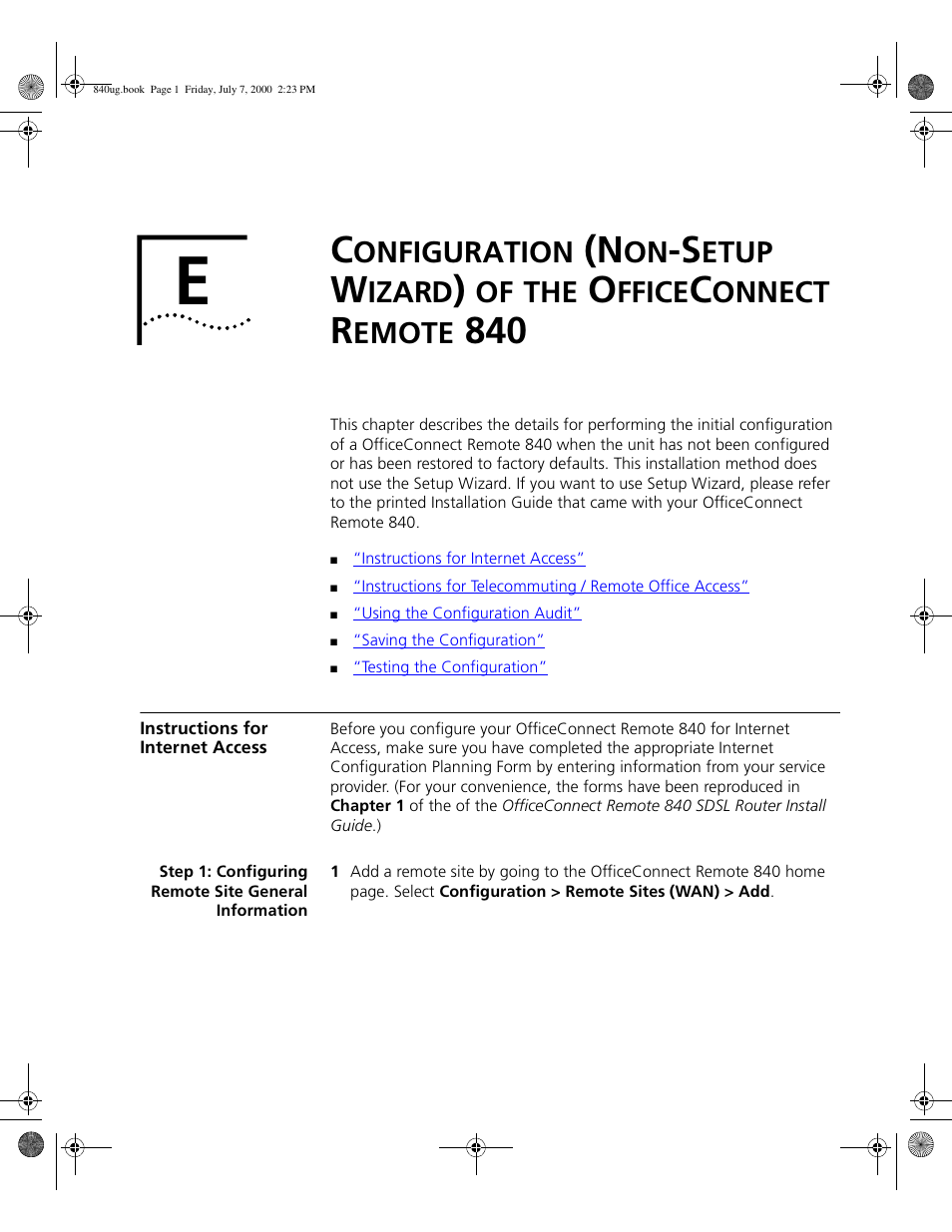 Instructions for internet access, Onfiguration, Etup | Izard, Ffice, Onnect, Emote, E - 1 | 3Com 3C840 User Manual | Page 191 / 222