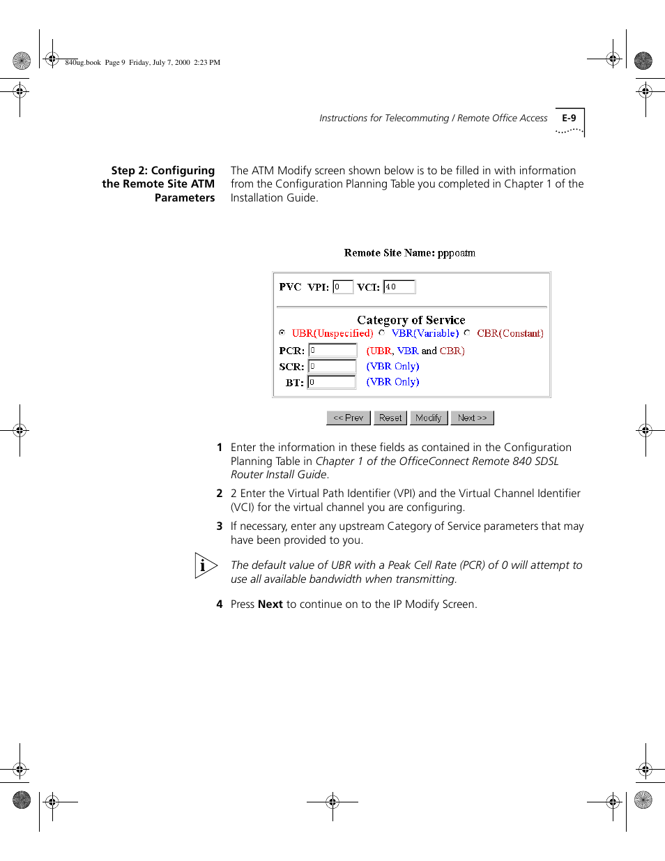 Step 2: configuring the remote site atm parameters, E - 9 | 3Com 3C840 User Manual | Page 199 / 222