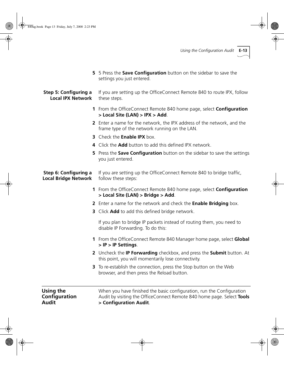 Step 5: configuring a local ipx network, Step 6: configuring a local bridge network, Using the configuration audit | E - 13 | 3Com 3C840 User Manual | Page 203 / 222
