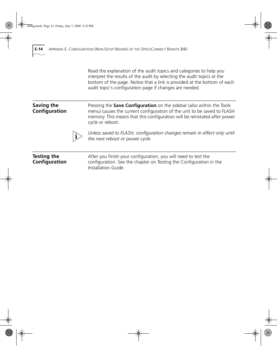 Saving the configuration, Testing the configuration, E - 14 | 3Com 3C840 User Manual | Page 204 / 222
