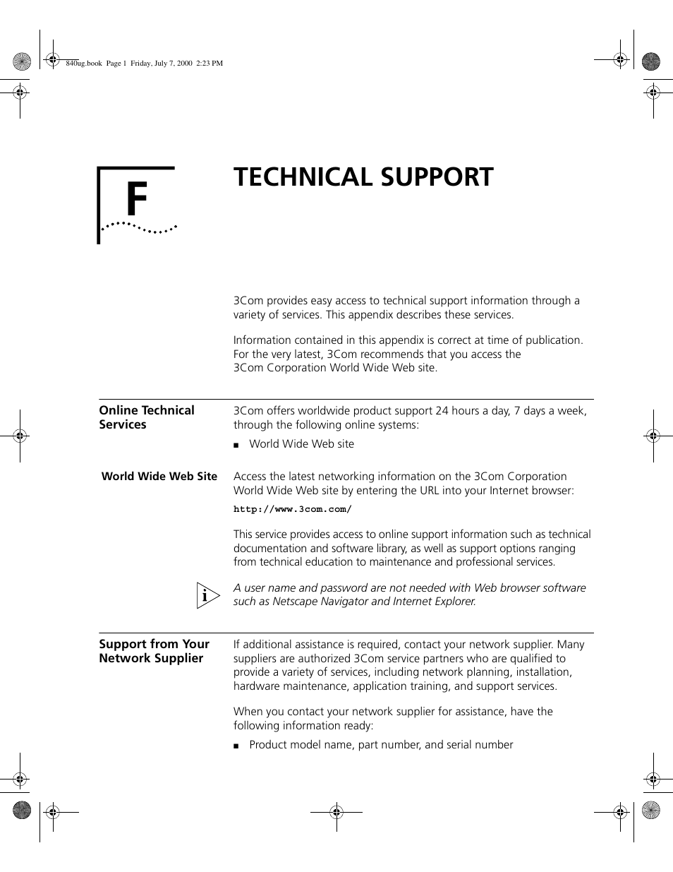 Technical support, Online technical services, World wide web site | Support from your network supplier, F - 1 | 3Com 3C840 User Manual | Page 205 / 222