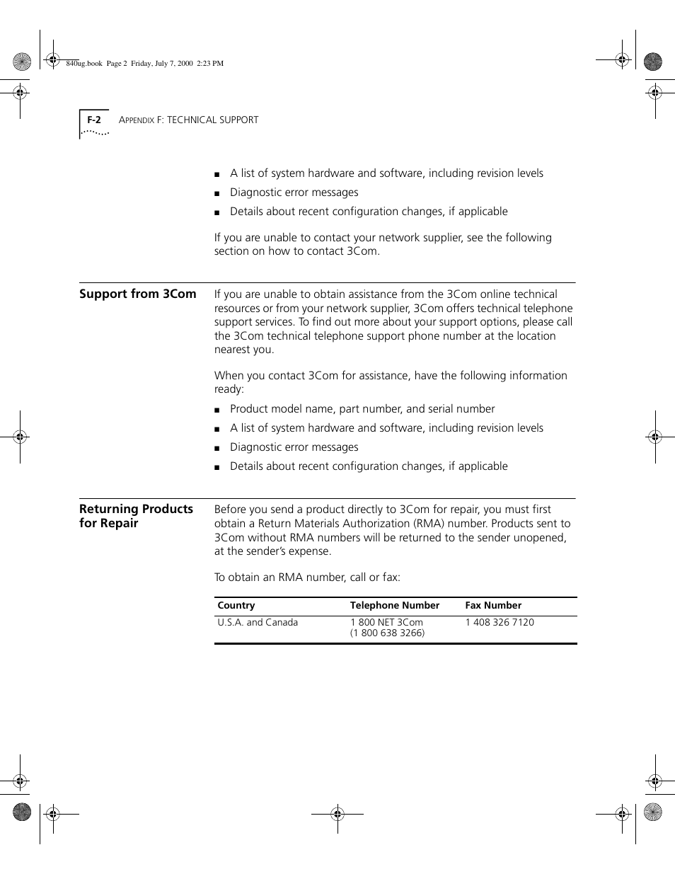 Support from 3com, Returning products forrepair, F - 2 | Returning products for repair | 3Com 3C840 User Manual | Page 206 / 222