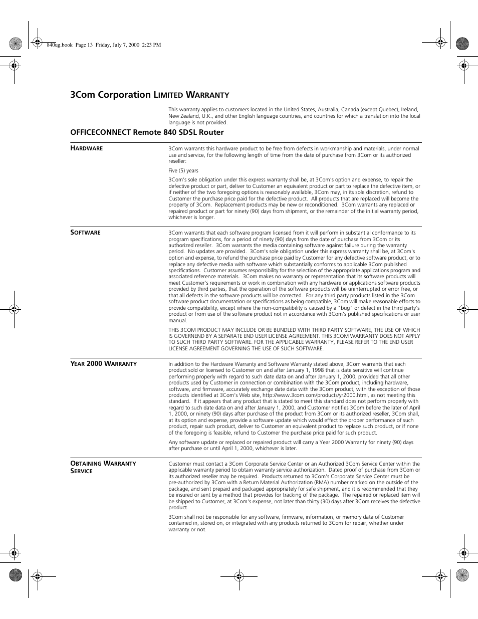 3com corporation limited warranty, Orporation, Imited | Arranty, 3com corporation l | 3Com 3C840 User Manual | Page 219 / 222