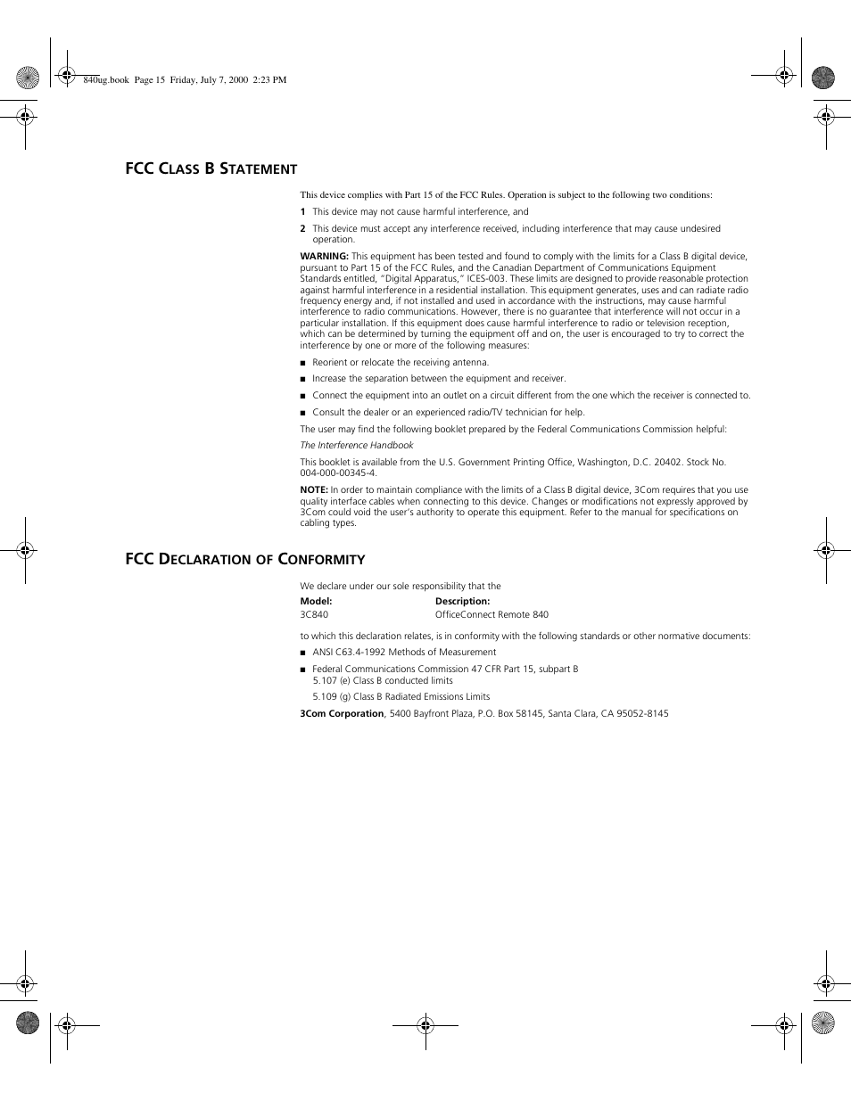 Fcc class b statement, Fcc declaration of conformity, Fcc c | Lass, Tatement, Fcc d, Eclaration, Onformity | 3Com 3C840 User Manual | Page 221 / 222