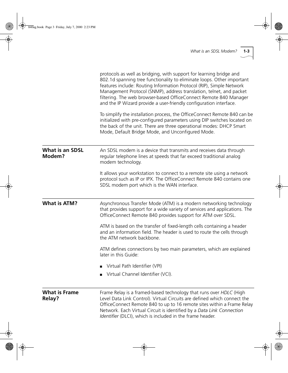 What is an sdsl modem, What is atm, What is frame relay | 3Com 3C840 User Manual | Page 23 / 222