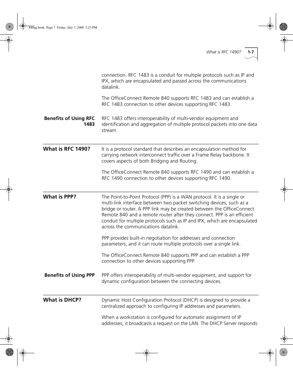 Benefits of using rfc 1483, What is rfc 1490, What is ppp | Benefits of using ppp, What is dhcp | 3Com 3C840 User Manual | Page 27 / 222