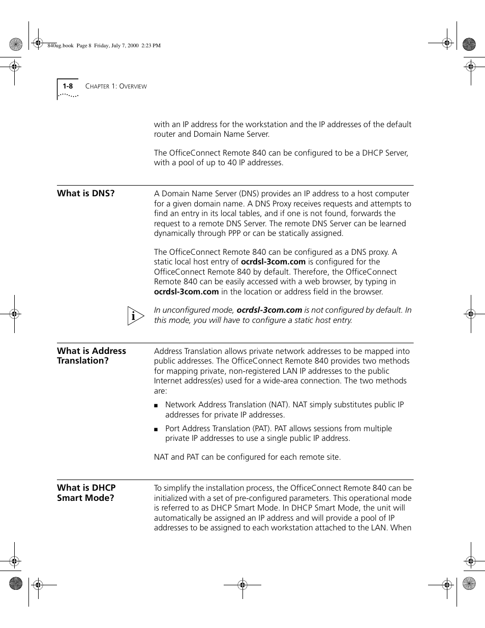 What is dns, What is address translation, What is dhcp smart mode | 3Com 3C840 User Manual | Page 28 / 222