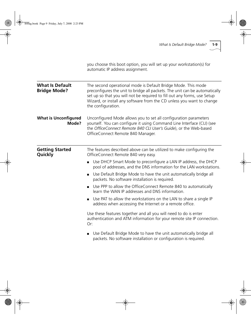 What is default bridge mode, What is unconfigured mode, Getting started quickly | 3Com 3C840 User Manual | Page 29 / 222
