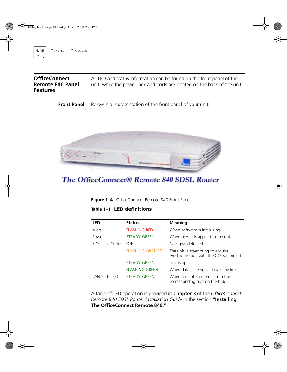 Officeconnect remote 840 panel features, Front panel, Naging a remote site profile | 3Com 3C840 User Manual | Page 30 / 222