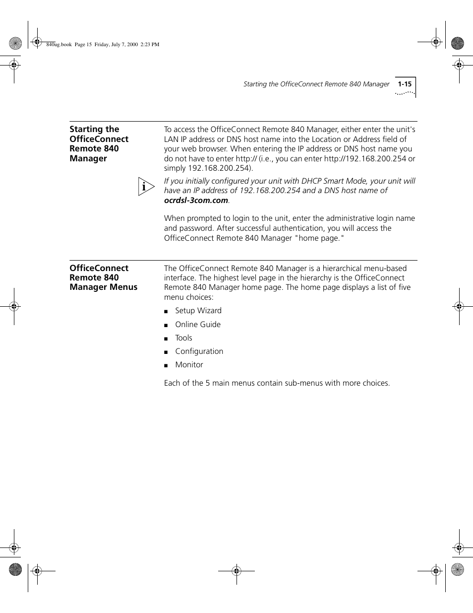 Starting the officeconnect remote 840 manager, Officeconnect remote 840 manager menus | 3Com 3C840 User Manual | Page 35 / 222