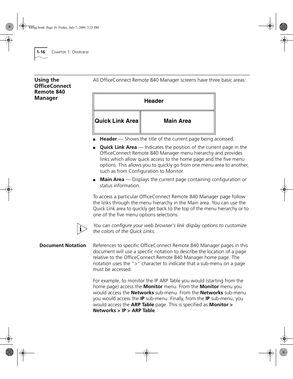 Using the officeconnect remote 840 manager, Document notation, Header quick link area main area | 3Com 3C840 User Manual | Page 36 / 222