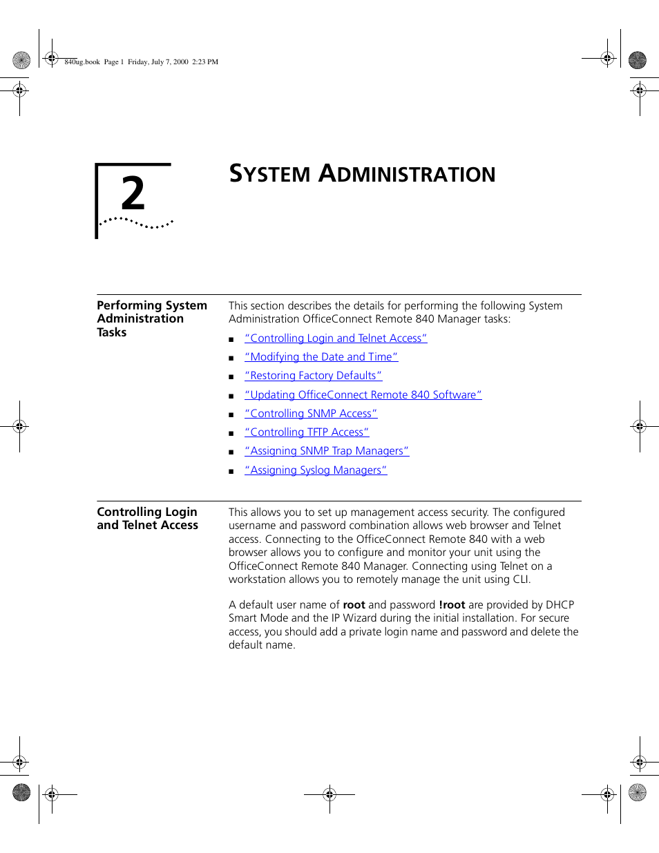 System administration, Performing system administration tasks, Controlling login and telnet access | Ystem, Dministration | 3Com 3C840 User Manual | Page 39 / 222
