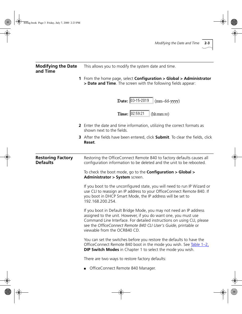 Modifying the date and time, Restoring factory defaults | 3Com 3C840 User Manual | Page 41 / 222